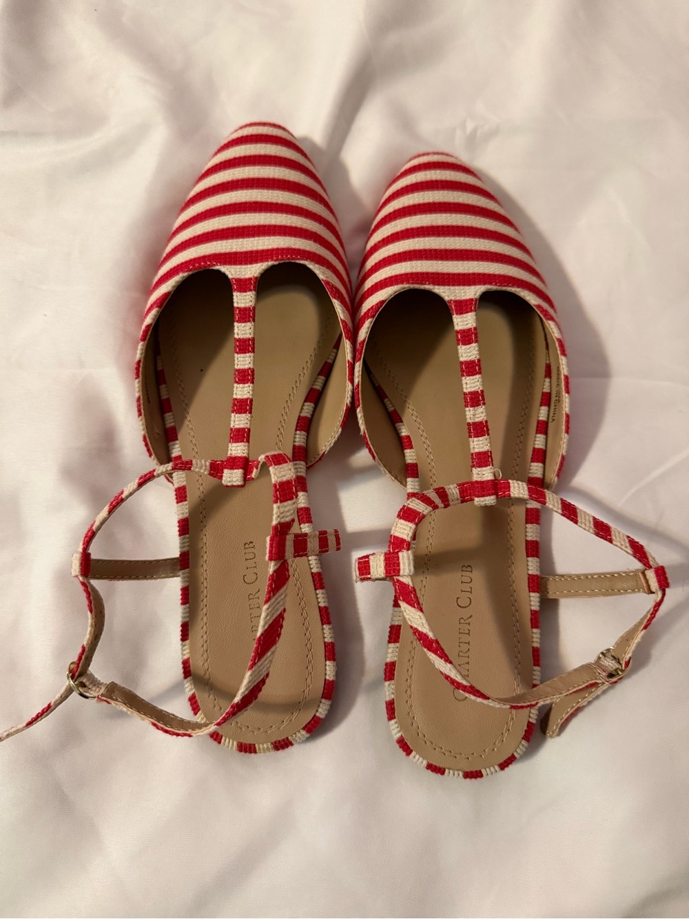 Charter Club Red and White Striped T‑Bar Flats